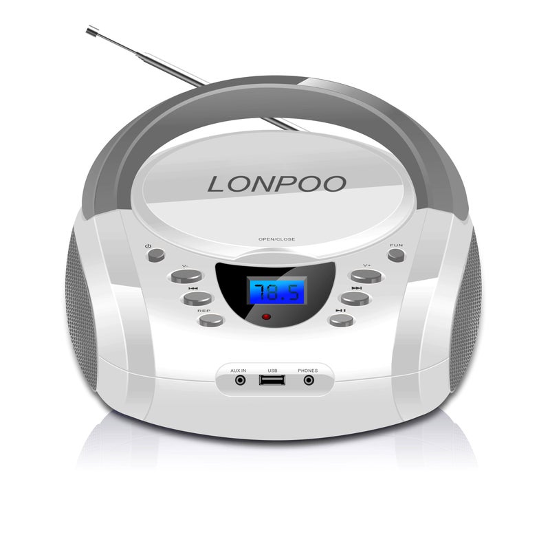 LONPOO CD Players Portable Boombox with FM Radio/USB/Bluetooth/AUX Input and Earphone Jack Output, Stereo Sound Speaker & Audio Player,White - Image 1